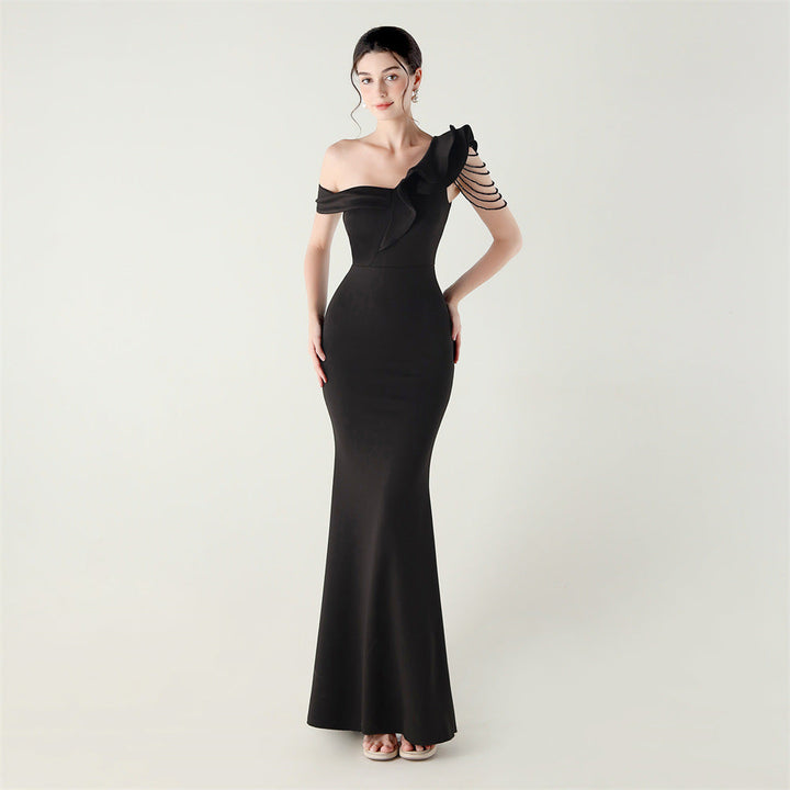 Ruffled One Shoulder Heavy Industry Beads String Slim Fit Satin Fishtail Evening Dress Wedding Red Carpet Cocktail Dress