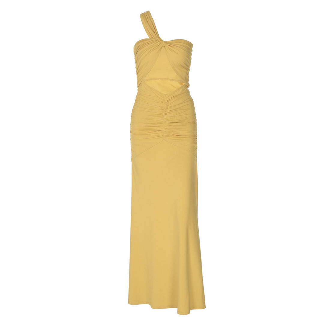 Summer Women Clothing Solid Color One Shoulder Sexy Cutout Pleated Slim Fit Dress