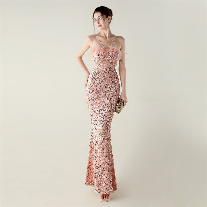 Velvet Bottom Sequin Craft Ostrich Feather Handmade Evening Dress Fishtail A Hemline High End Dinner Dress