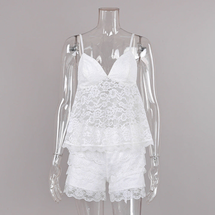 Solid Color Lace Beauty Back Camisole Lace Shorts Two Piece Pajamas Women Summer Home Wear