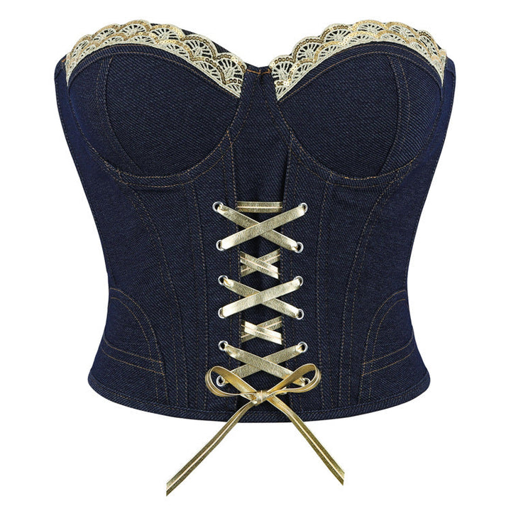 Denim Black Blue with Steel Ring Cup Lady Sexy Body Shaping Top Supply
