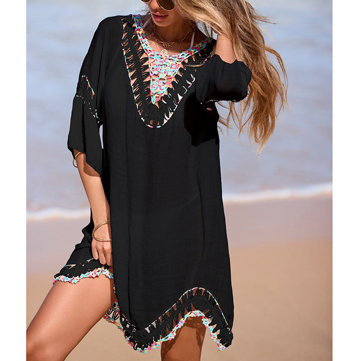 Holiday Color V neck Hollow Out Cutout Hand Crocheting Stitching Irregular Asymmetric Dress Long Sleeve Backless Lace up Blouse Women