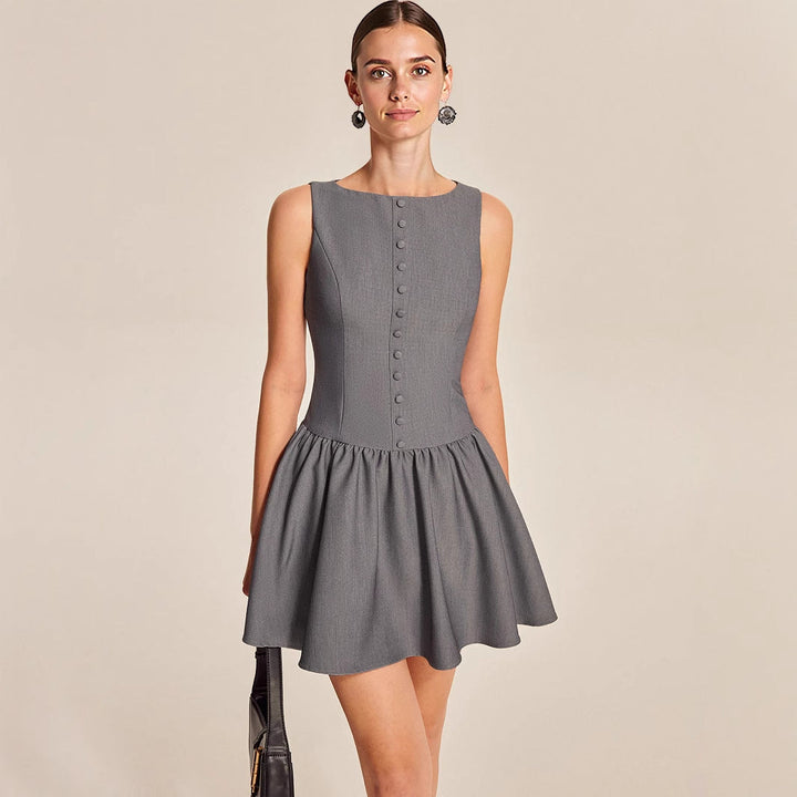 Summer Women Sleeveless Casual Button A line Dress Ruffled Elegant Mini Dress