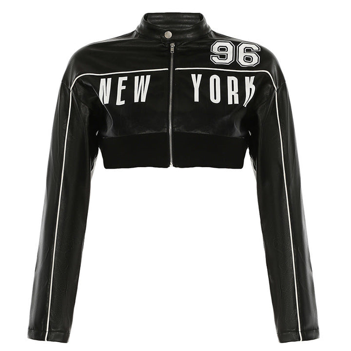 Personality Locomotive Leather Jacket Contrast Color Bud Stripe Numbers Short Faux Leather Jacket Spring Autumn