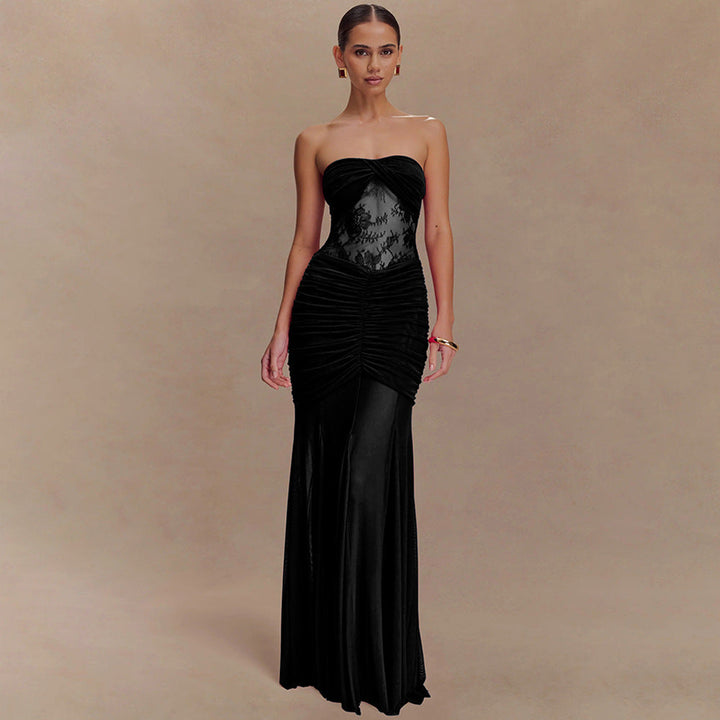 Summer Sleeveless Tube Top Dress Sexy Pleated Hollow Out Cutout Slim Dress for Women