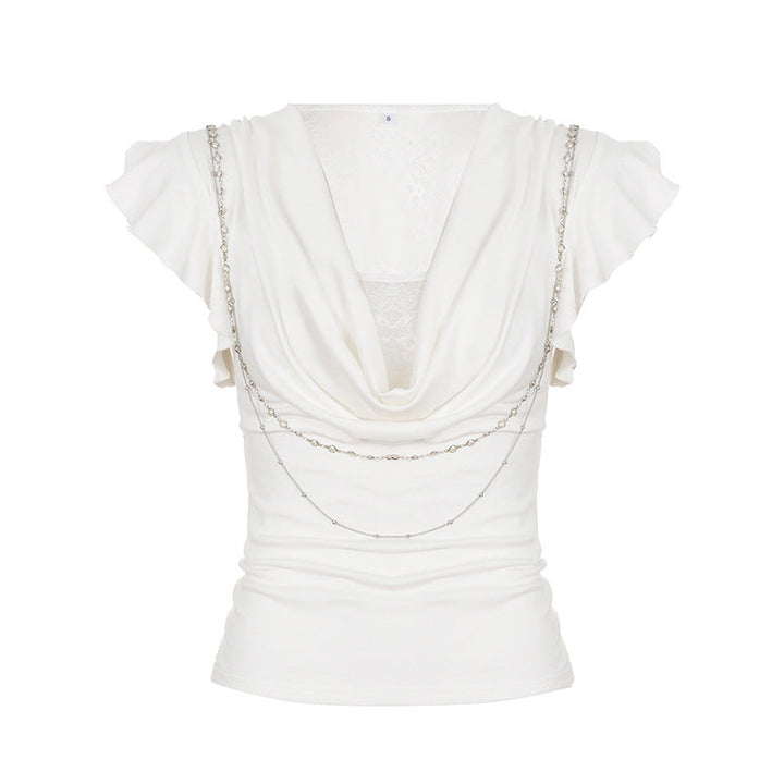 Lace Stitching Faux Two Pieces Swing Collar Chain Decoration Flying Sleeve Top Elegant Fitted Waist Pleated Slim T shirt