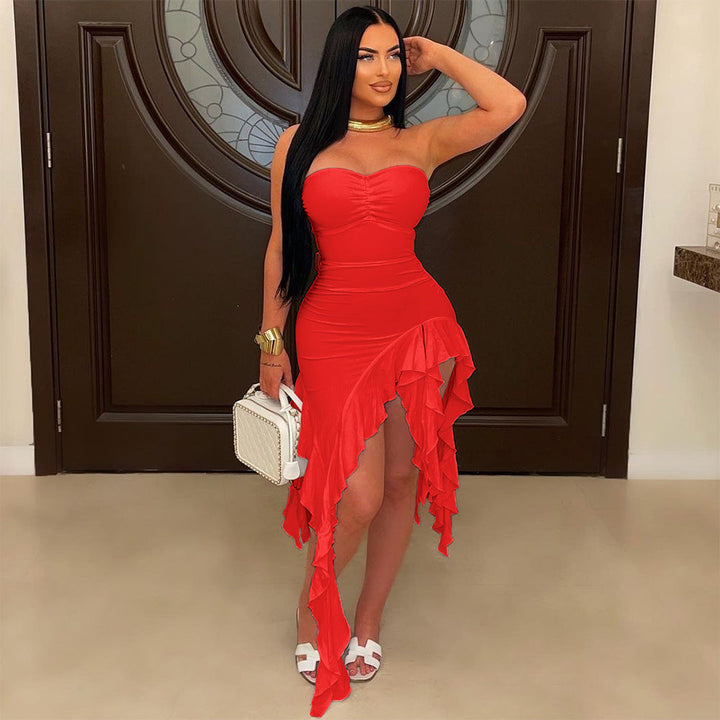 Tube Top Irregular Asymmetric Dress Solid Color Ruffles Dress Women Sheath