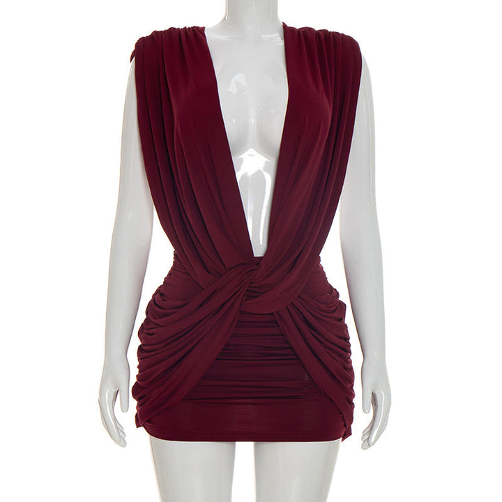 Women Clothing Summer Solid Color Casual Cross Twist Sleeveless Pleated Slim Short Dress