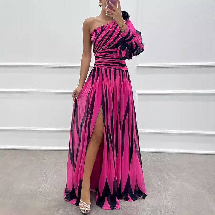 Spring Autumn Printed Diagonal Shoulder Split Dress Casual Loose Party Dress Dress