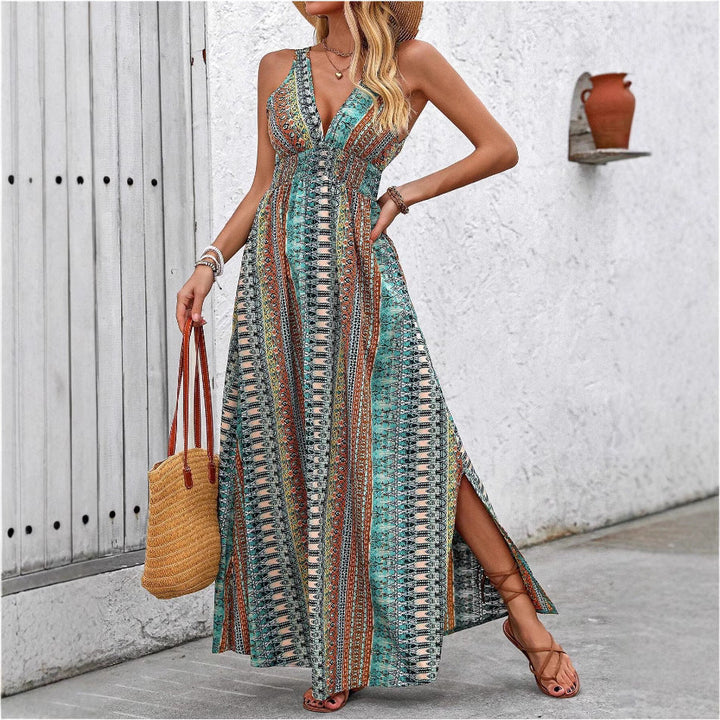 Summer Women V neck Split Sleeveless Dress