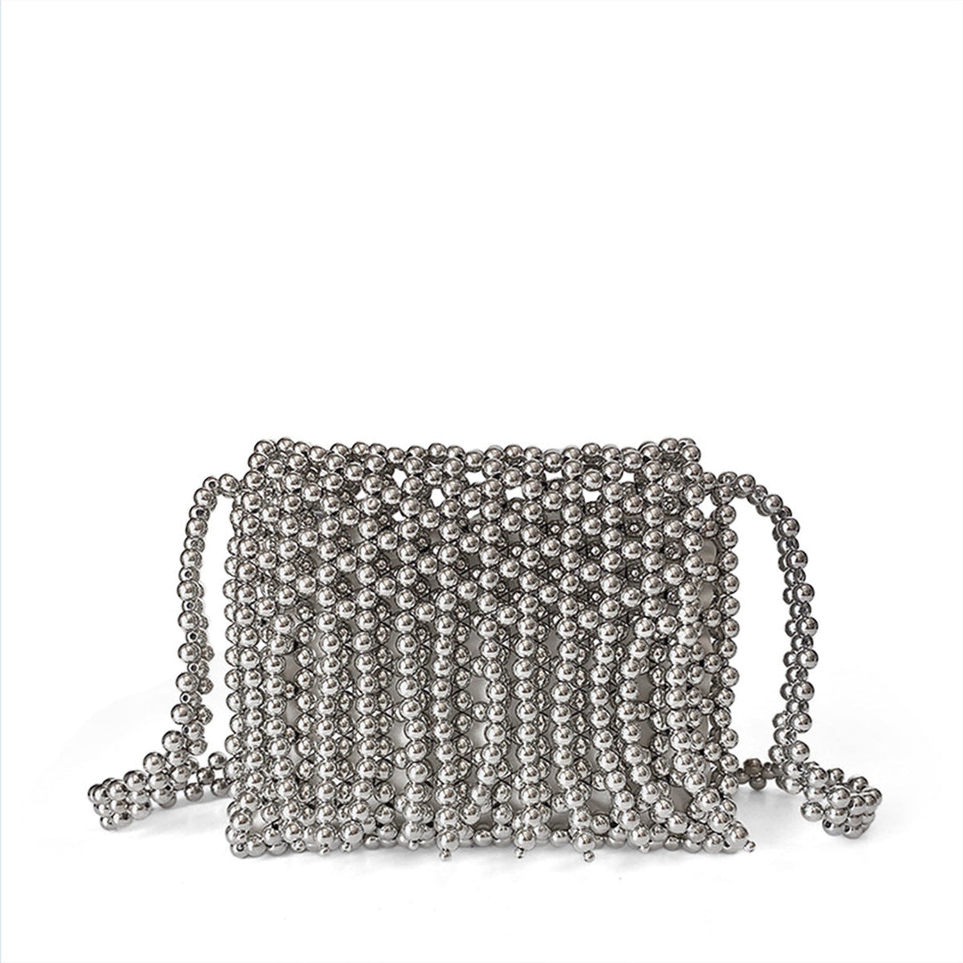 Retro Metallic Shiny Hand Woven Beads Small Square Bag Mobile Phone Bag Long Shoulder Strap Tassel Messenger Bag