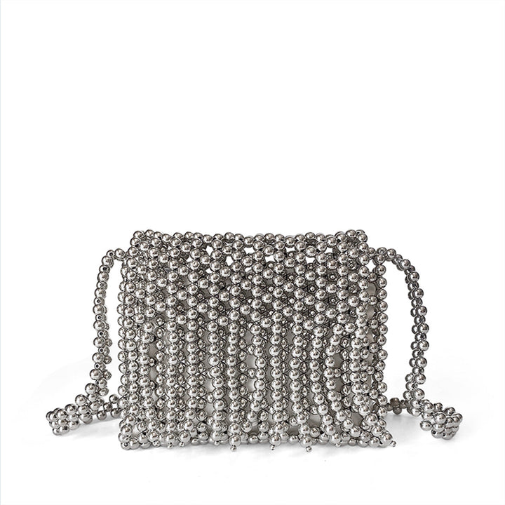 Retro Metallic Shiny Hand Woven Beads Small Square Bag Mobile Phone Bag Long Shoulder Strap Tassel Messenger Bag