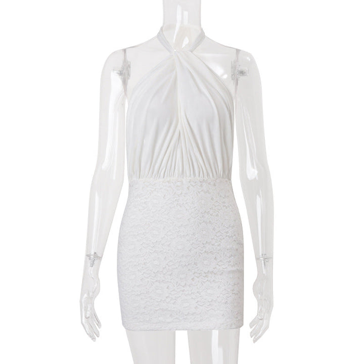 Women Clothing Summer Sexy Backless Cross Halterneck Lace up Sexy Slim Sheath Dress