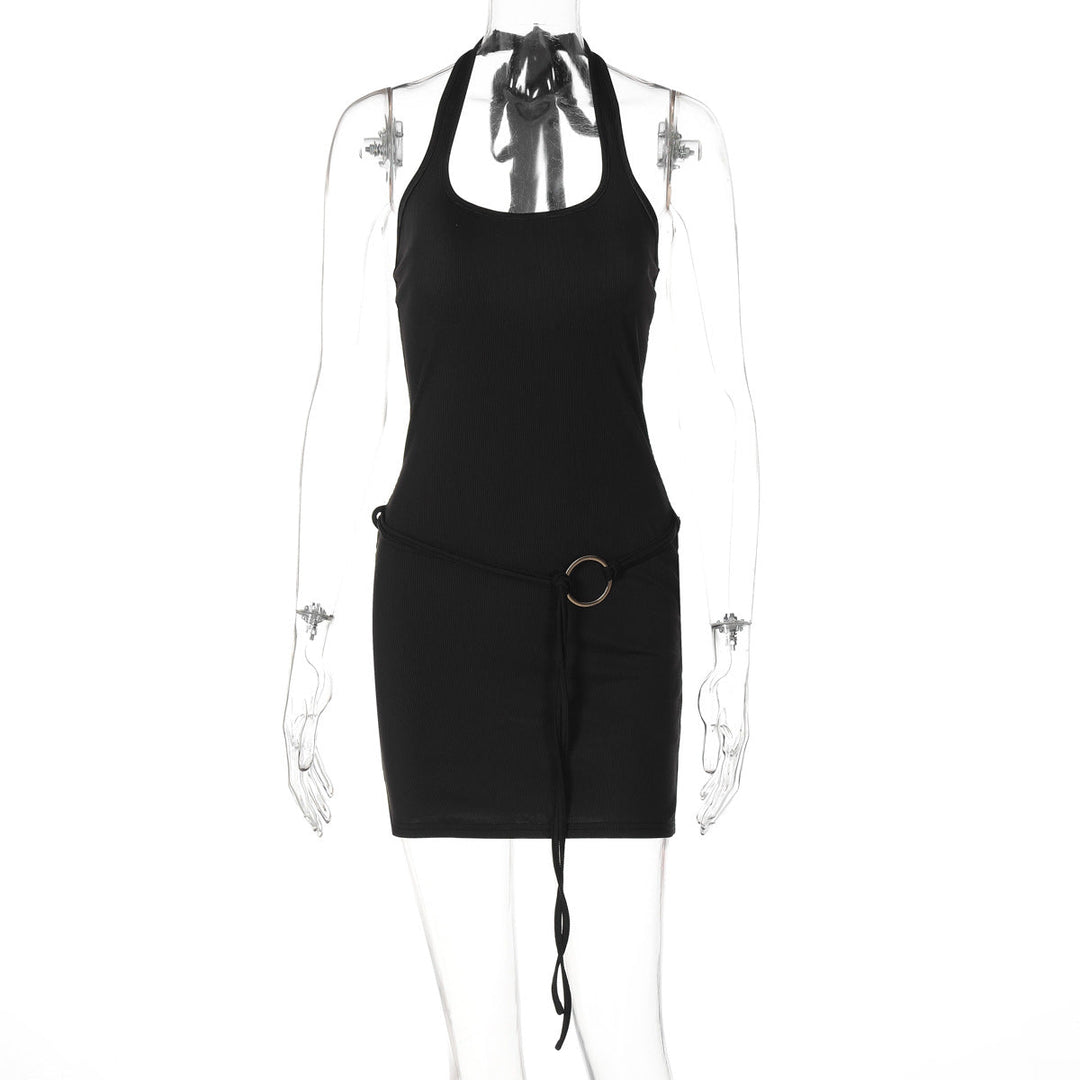 Summer Women Solid Color Sexy Lace Halter Short Dress Backless Sheath Dress