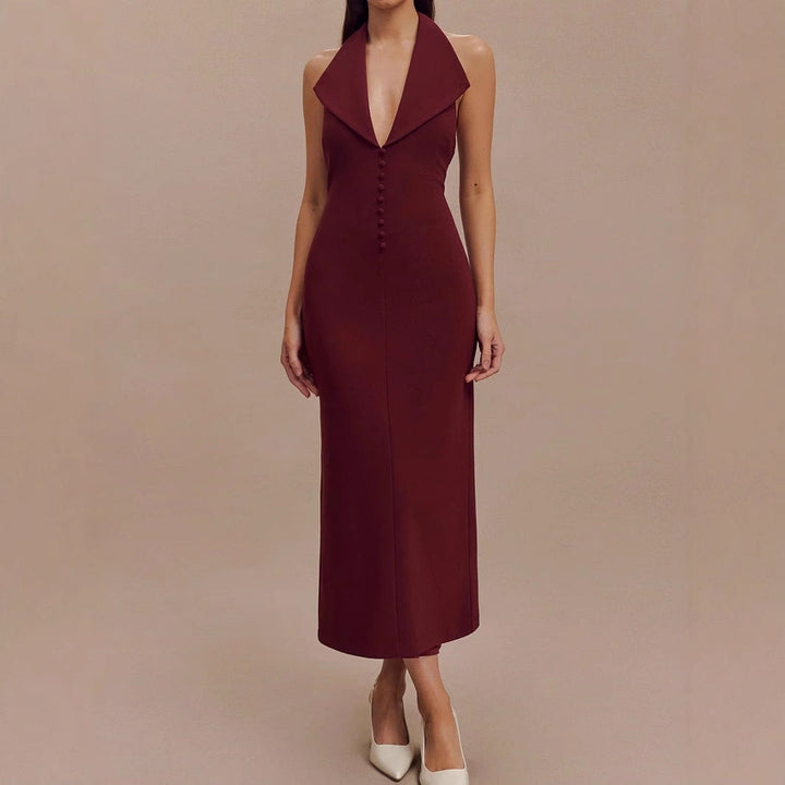 Sexy Women Clothing Sexy Backless V neck Midi Dress Skinny Sheath Split Halter Dress