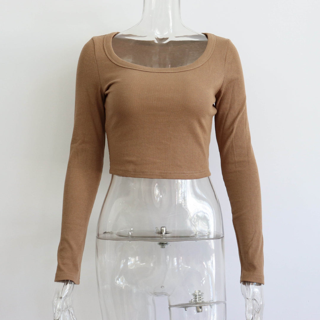 Large round Neck Long Sleeves Rib Short Top Women Casual Sexy Autumn Winter Knitting Bottoming Shirt Street Slim Top