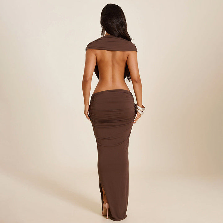 Women Clothing Summer Solid Color Casual Sleeveless Halter Backless Slim Fit Sheath Maxi Dress