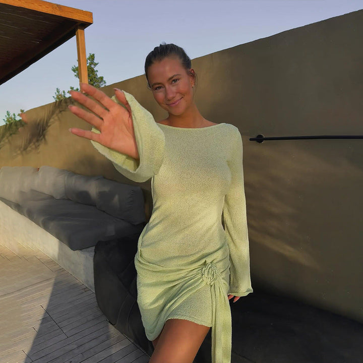 Summer Knitted Long-Sleeved Dress Sexy Backless Slim Fit Dress
