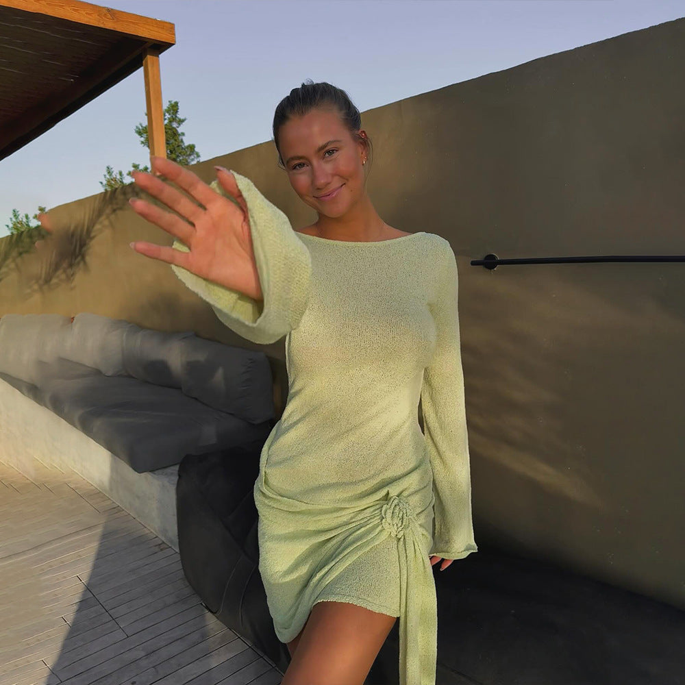 Summer Knitted Long-Sleeved Dress Sexy Backless Slim Fit Dress