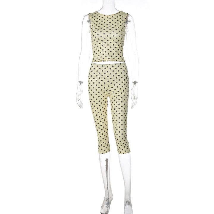 Summer Women Clothing Polka Dot Sleeveless Backless Top Slim Cropped Pants Two Piece Set
