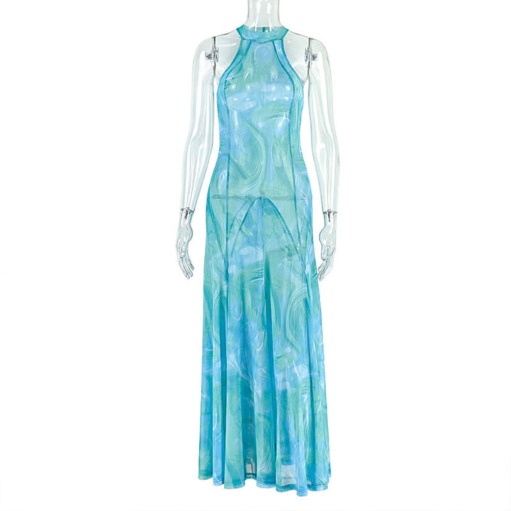 Elegant Women Clothing Office Printed Street A line Dress round Neck Pleated Sleeveless Maxi Dress
