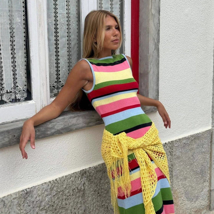 Slimming Sleeveless Rainbow Striped Knitted Maxi Dress for Women Dress Casual Waist Tight