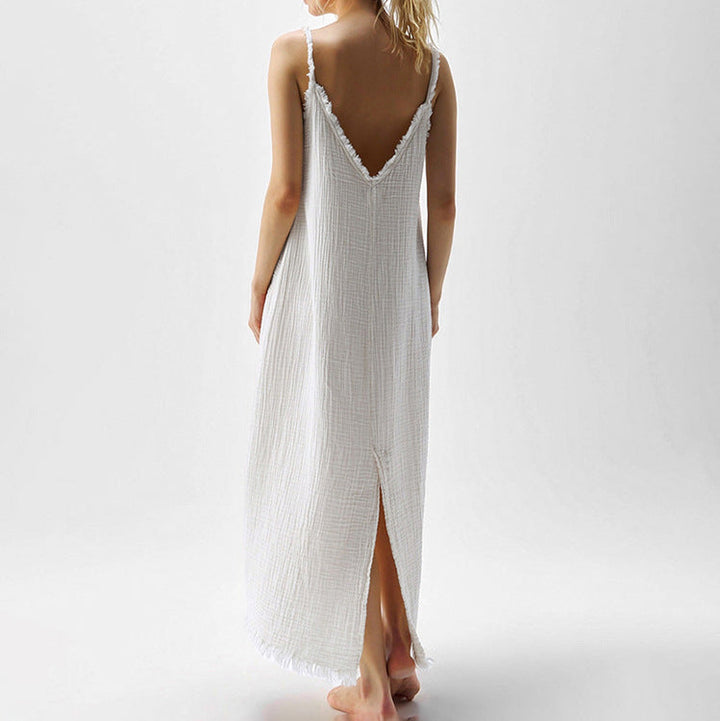 Women Clothing Fashionable Simple Casual Suspender Cotton Champray White V Collar Split Dress