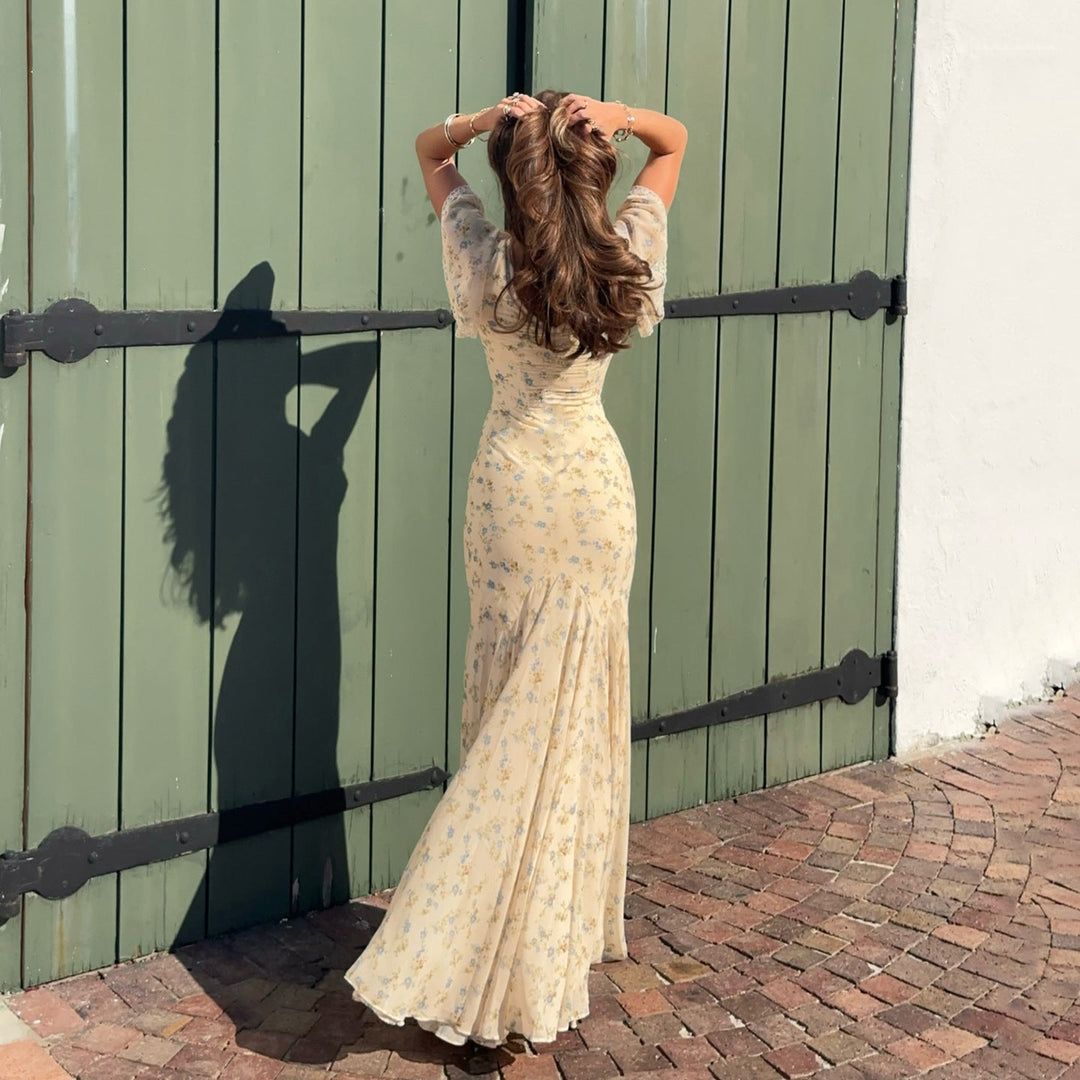 Summer French Elegant Floral Lace V neck Dress Wave Idyllic Vacation Asymmetric Skirt