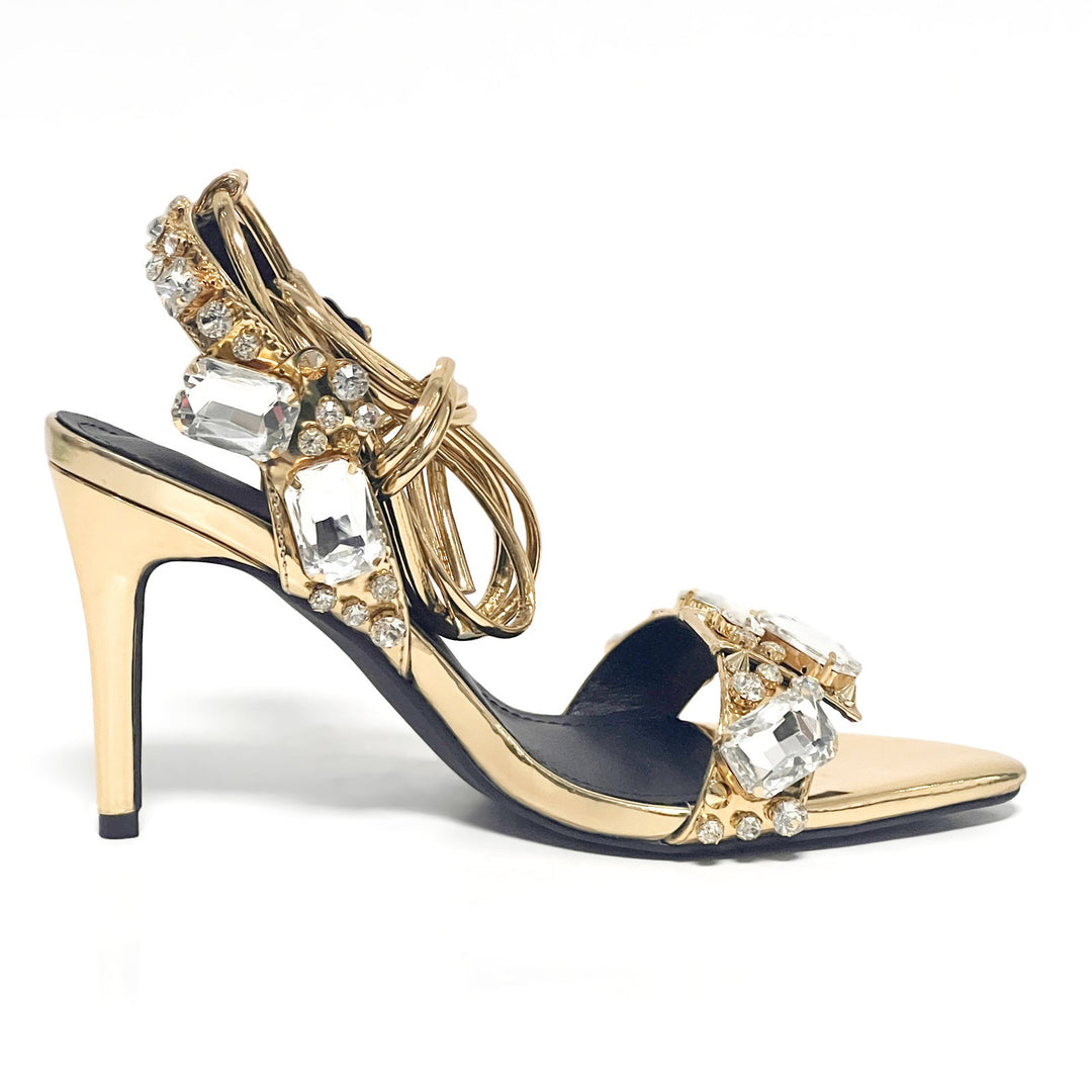 11cm Pointed Gold Rivet Rhinestone Stiletto Heels Summer Sandals Shoes