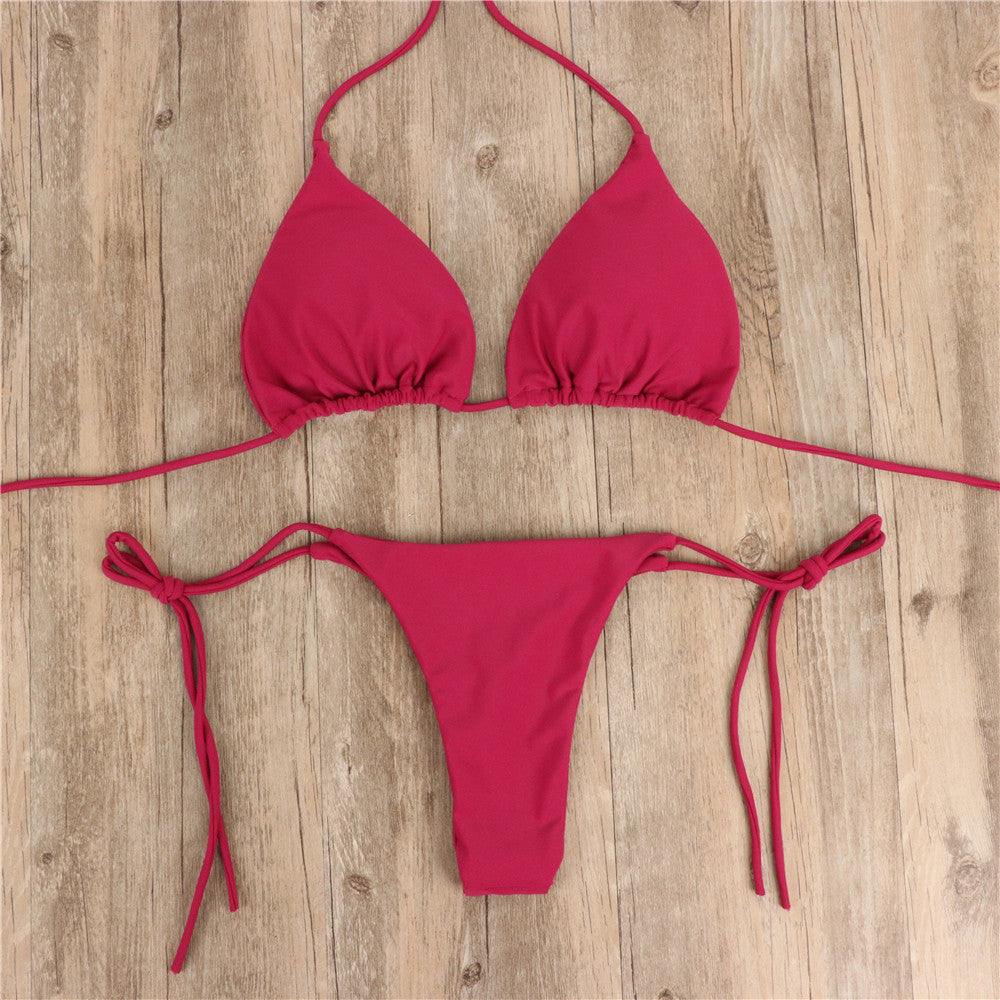 Sexy Sling Halter Bikini Women High Waist Strap Solid Color Split Swimsuit Bikini