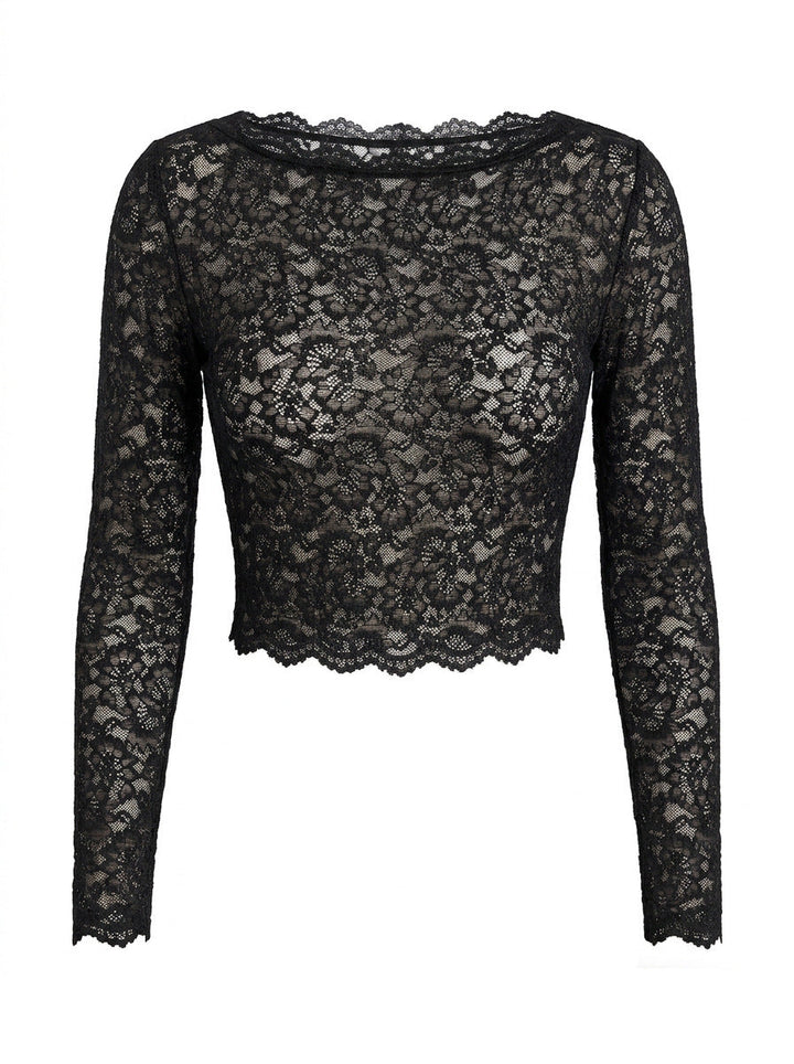 Women Lace Long Sleeved Top Sexy Mesh See through Slim Bottoming Shirt