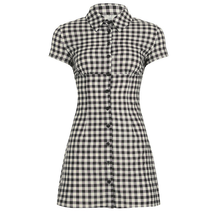 Women Plaid Smocking Waist Trimming Shirt Dress Slimming Breasted