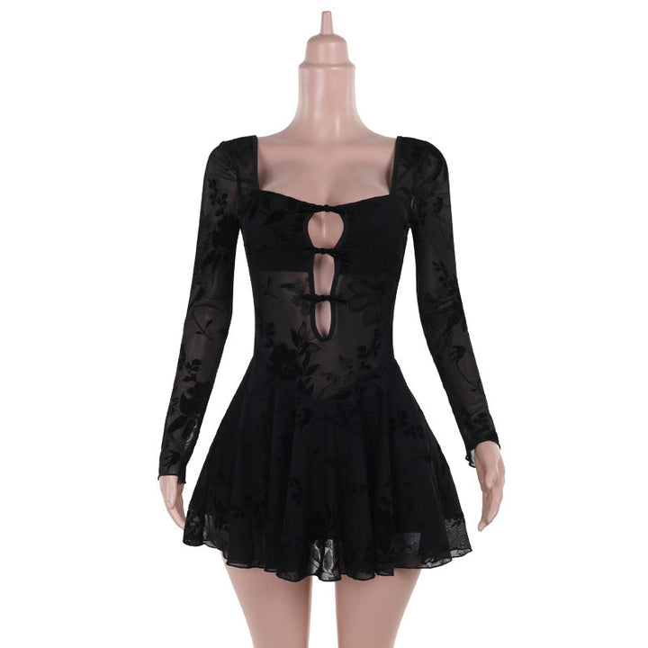 Sexy See through Hollow Out Cutout Flocking Women Sexy Slim Hip Dress