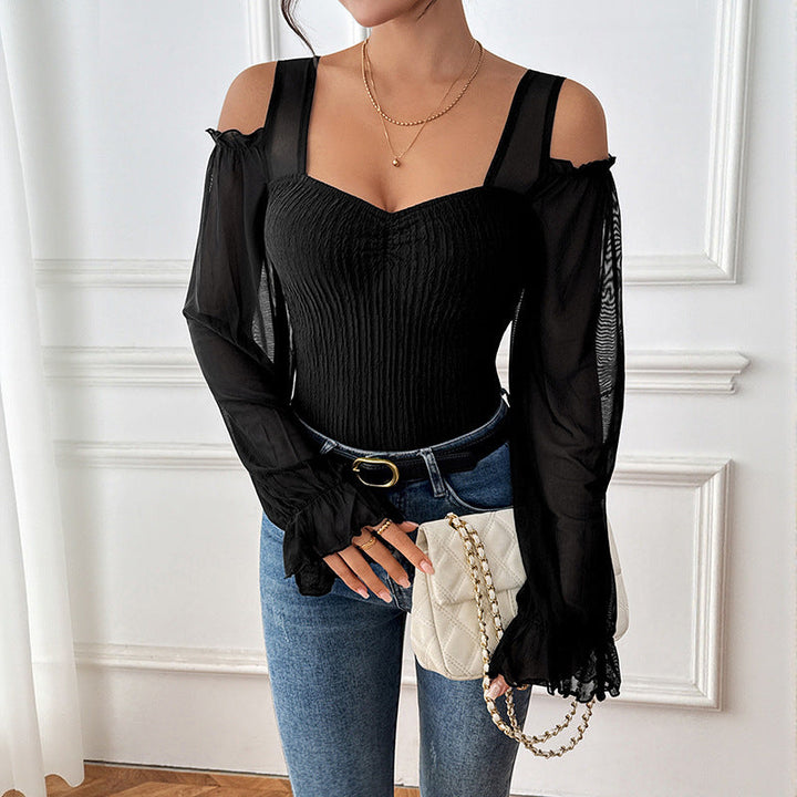 Sexy Wind Black Cold-Shoulder Mesh Long Sleeve Jumpsuit