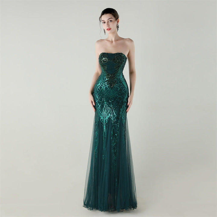 Mesh Heavy Industry Beaded Tube Floral Evening Dress Tube Top Fishtail Dress Swing Cocktail Social Socialite