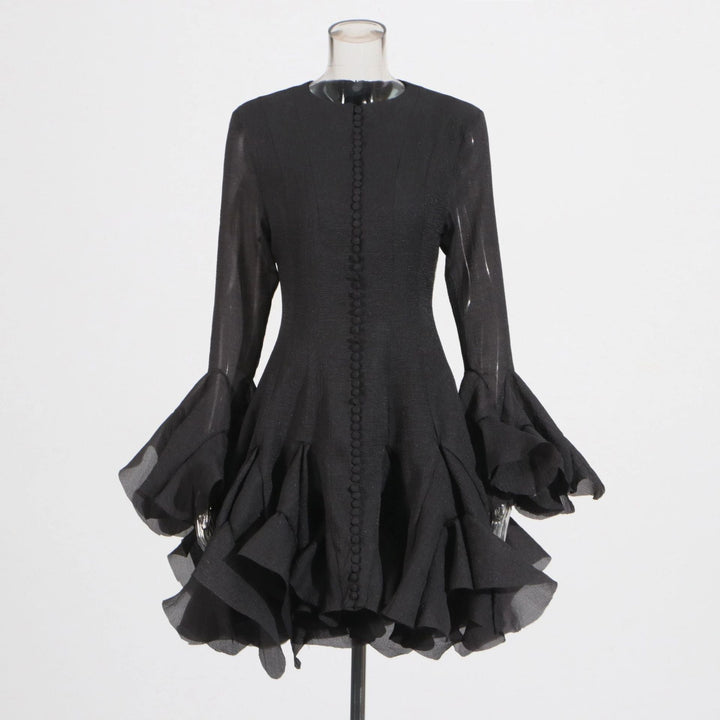 Spring Ruffles Design Waist Tight Slimming Flared Sleeves Dress Women