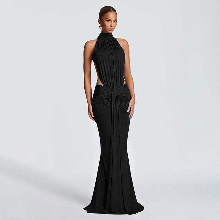 Women Clothing Summer Solid Color Small Turtleneck Sleeveless Backless Pleated Casual Sexy Dress