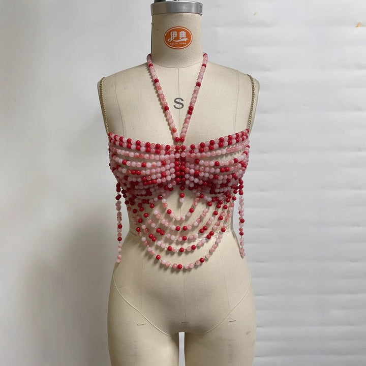 Multi Layer Pearl Sexy Bra Backless Halter Hollow Out Cutout out Camisole