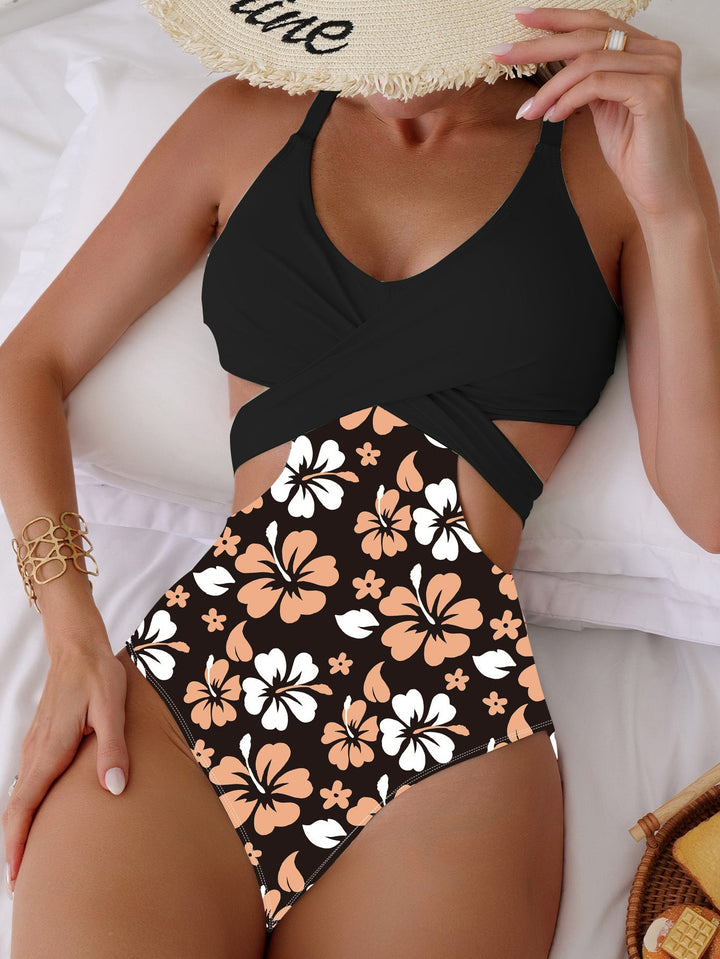 Bikini Printing Hollow Out Cutout Out Tied Sexy Siamese Bikini Swimsuit Swimwear Women