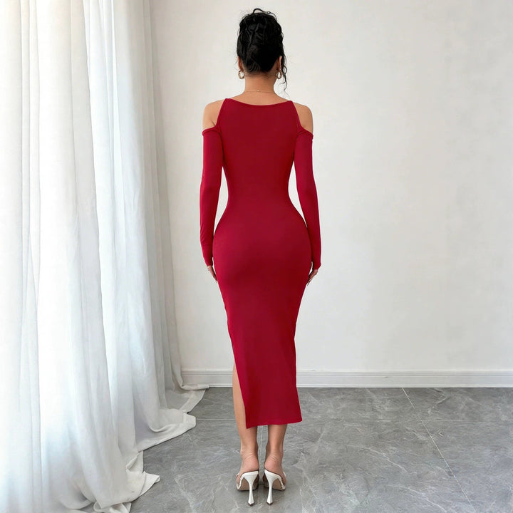 Cross Border Off Shoulder Dress Slimming Slit Bodycon Long Sleeve Formal Mid Length Dress For Banquets