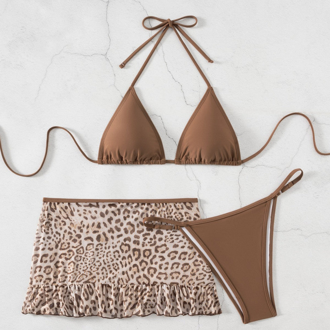 Red Wind Sexy Leopard Print Swimsuit Women Small Chest Banded Bikini Split Three Piece Set Vacation Swimwear