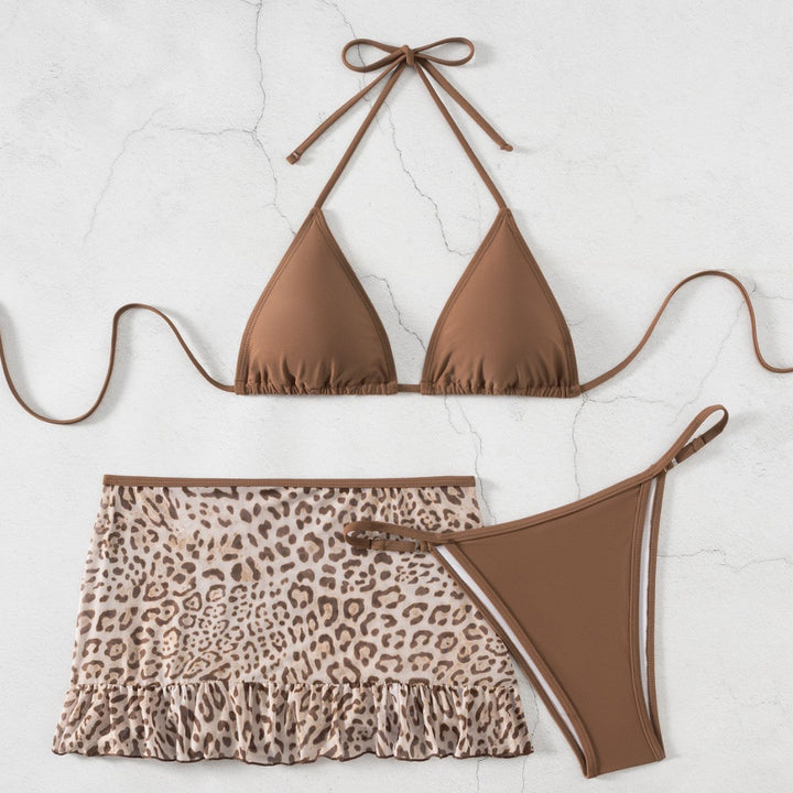 Red Wind Sexy Leopard Print Swimsuit Women Small Chest Banded Bikini Split Three Piece Set Vacation Swimwear