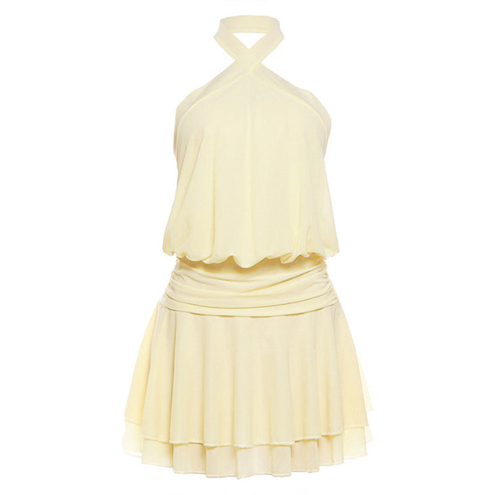 Spring Women Clothing Solid Color Slim Halter Sleeveless Backless Sexy Trend Pleated Dress Women