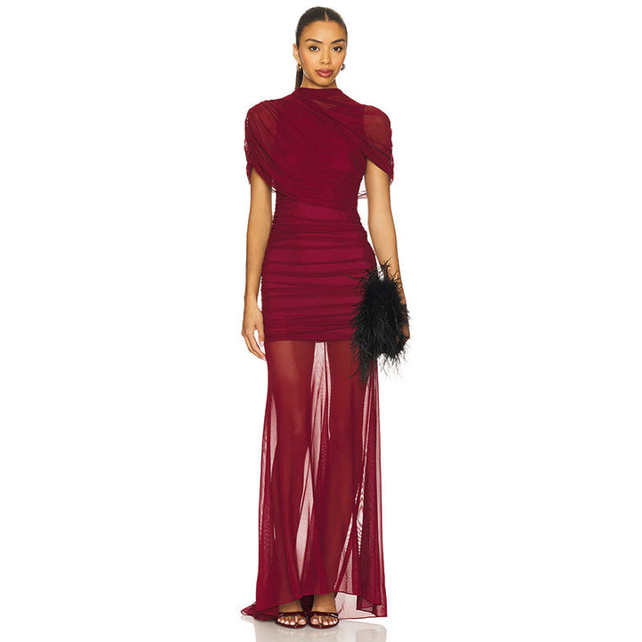 Women Clothing Summer Solid Color Mesh Stitching Short Sleeve Pleated Trailing Slim Fit Maxi Dress