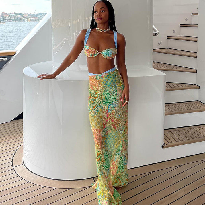 Spring Sexy Printing Color Contrast Tied Top High Waist Skirt Three Piece Sets