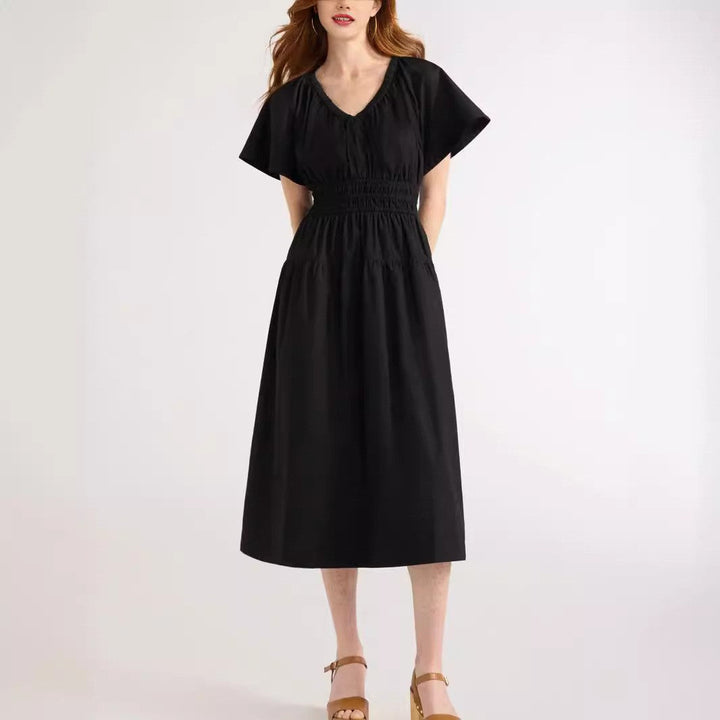 Summer Popular V neck Pleated Waist Tight Slimming Dress Dress