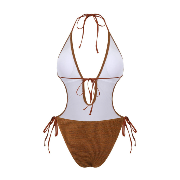 Bikini Sexy Deep V Plunge Lace up Halterneck Backless Siamese Women Swimsuit
