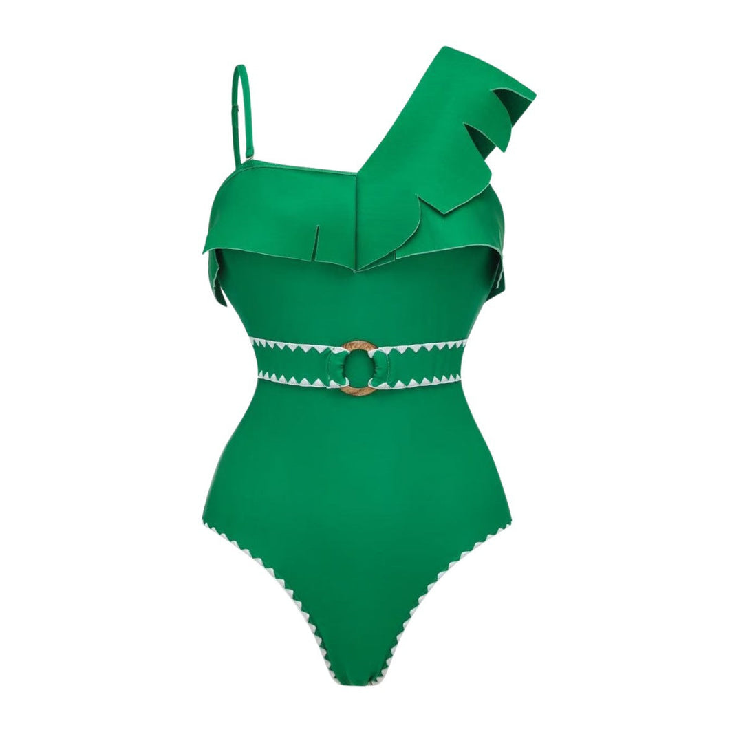Swimsuit Green One Shoulder Ruffled Design One Piece Swimsuit Women