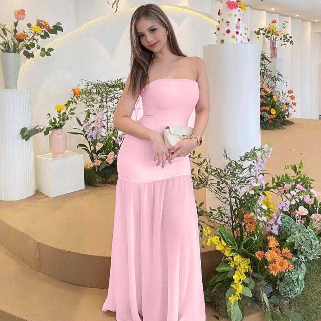 Summer Women Clothing Sexy Elegant Stitching Mesh Tube Top Slimming Dress