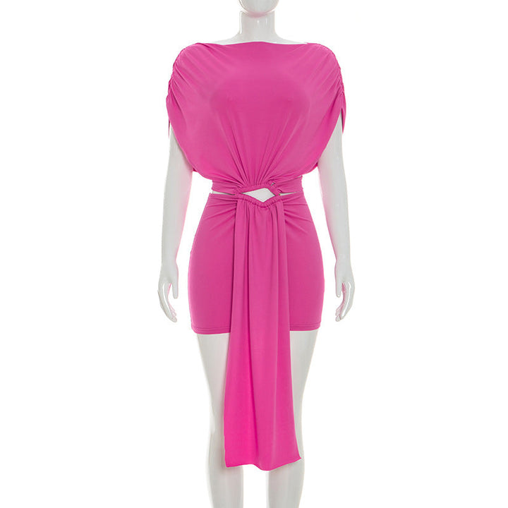 Women Clothing Summer Solid Color Casual Slim Pleated Short Sleeves Hollow Out Cutout Ribbon Short Dress